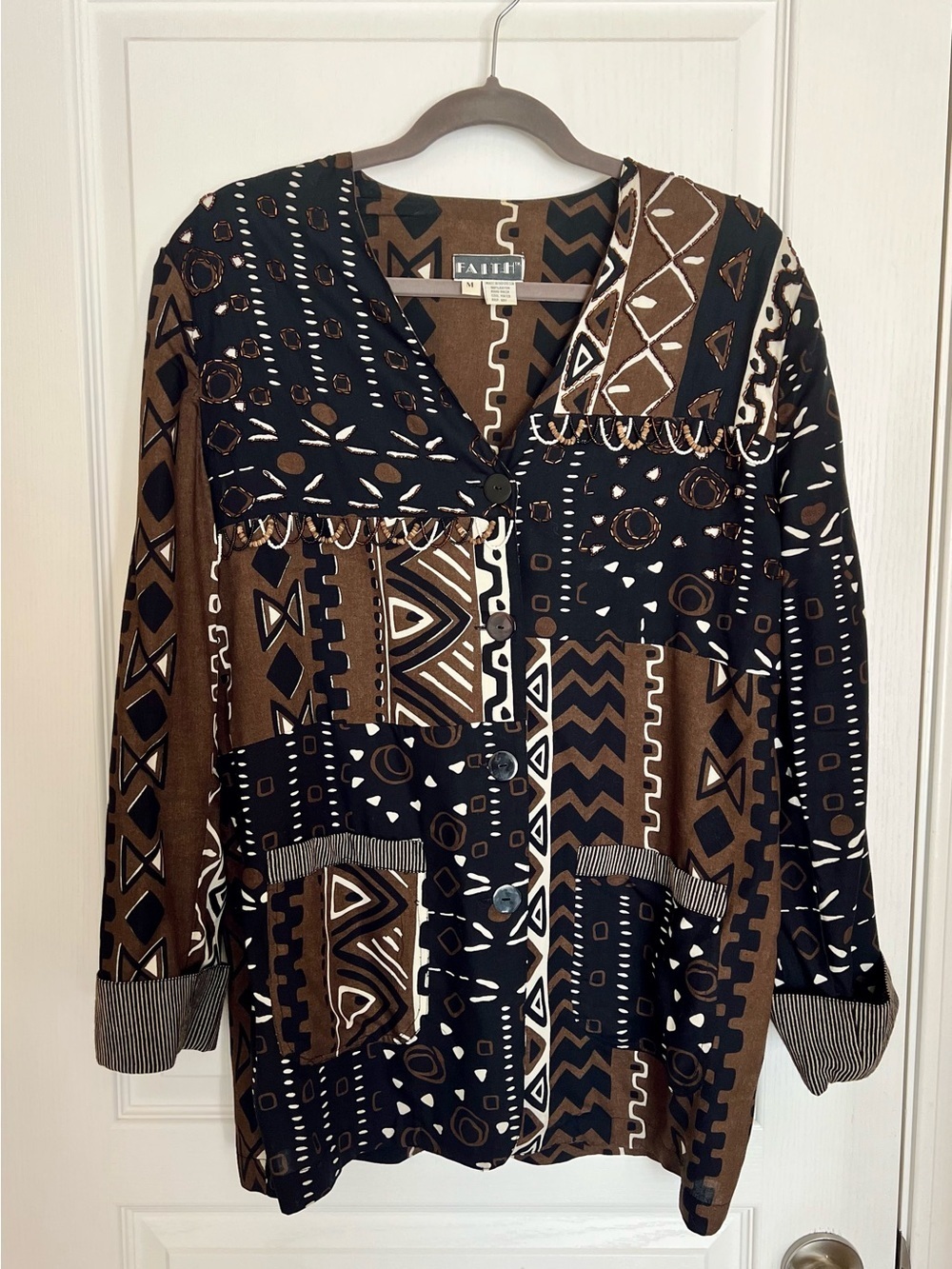 Vintage 90s Boho Brown & Black Beaded Geometric Tribal Button-Down Blouse